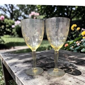 Lancaster Jubilee Yellow Wine Goblets, Set of 2, Floral Etched Optic Stemware